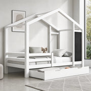 Letto a casetta per bambini 90x200 cm con lavagna e cassetti