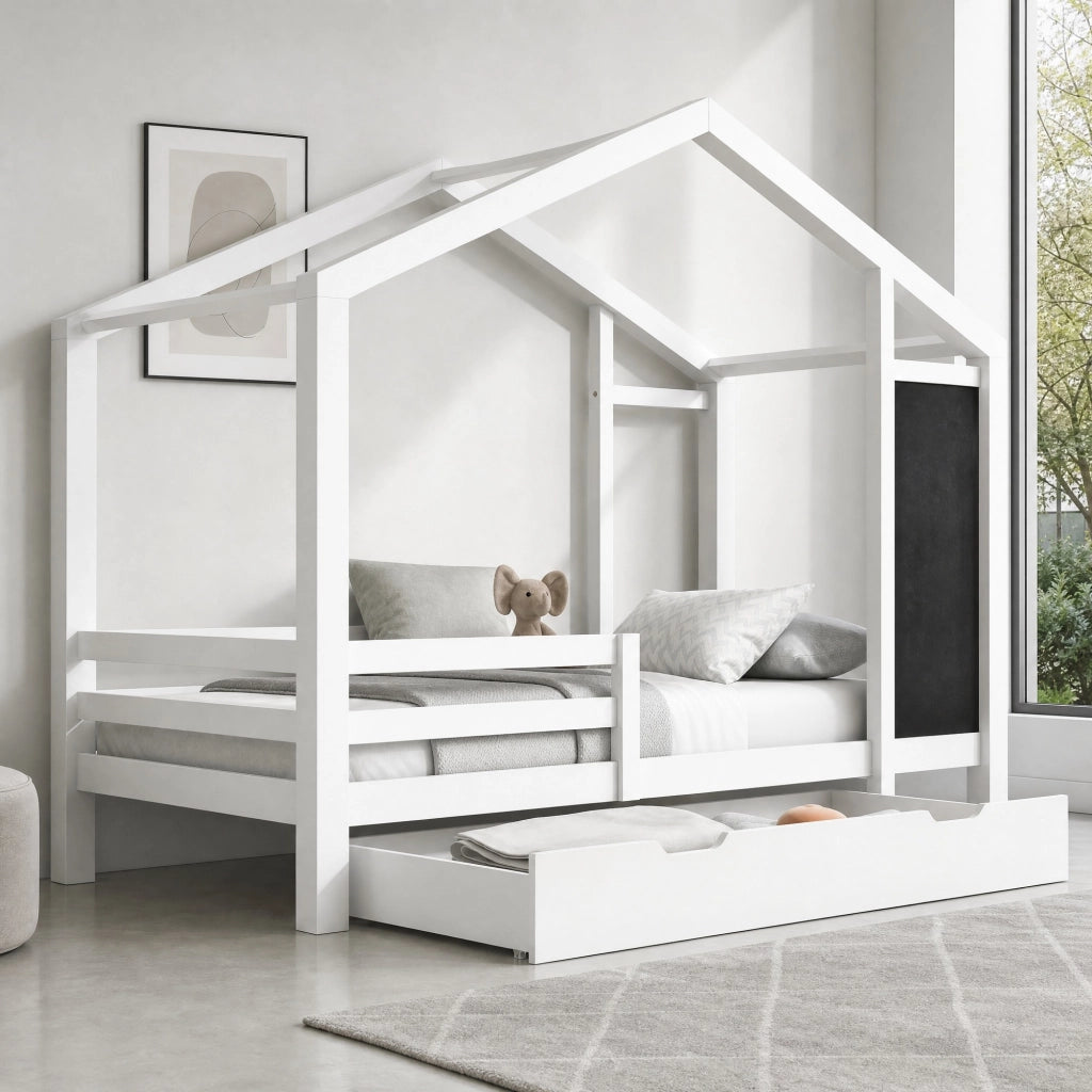 Letto a casetta per bambini 90x200 cm con lavagna e cassetti