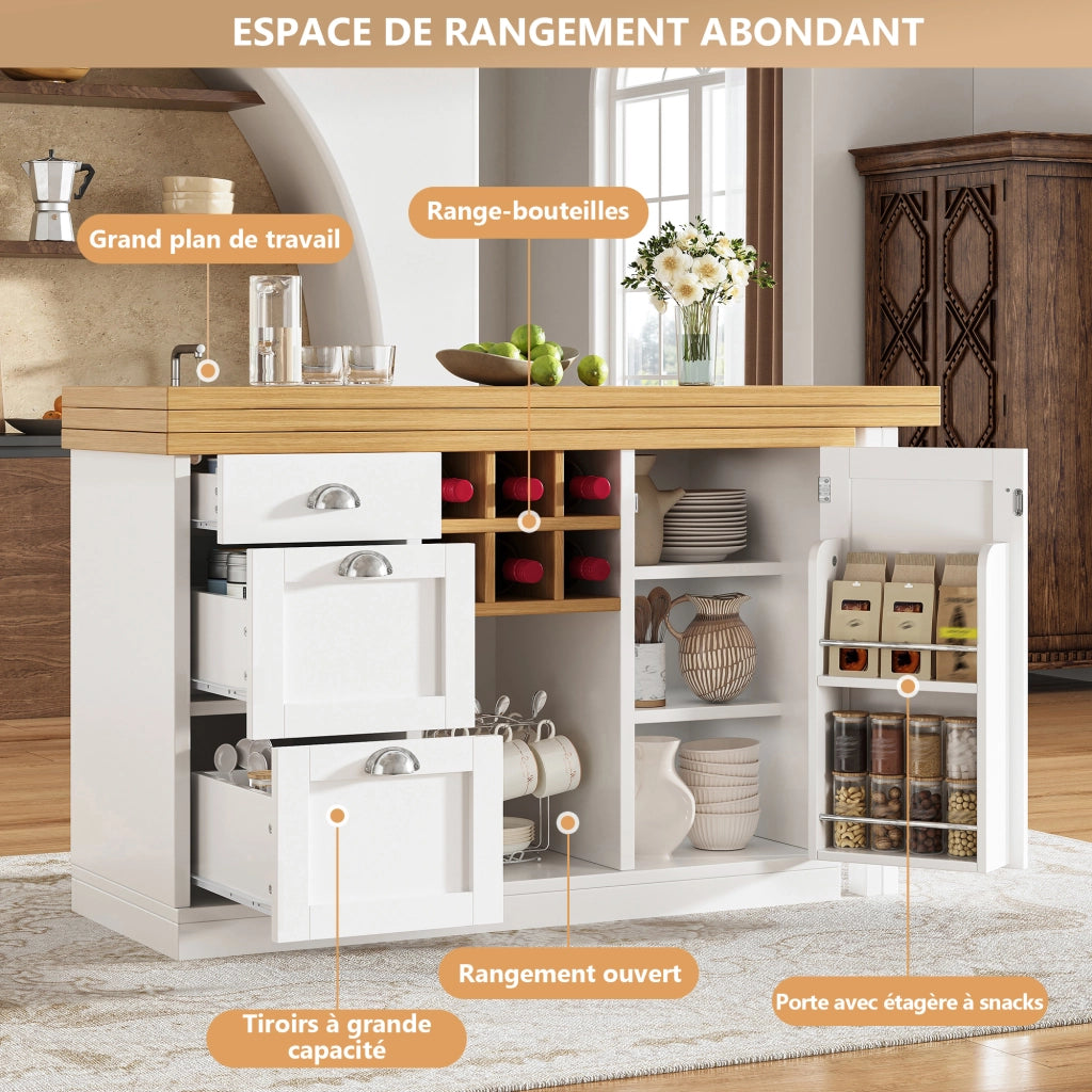 Tavolo bar estensibile con contenitore; 1 cassetto; portabottiglie; mobile cucina girevole 360°; per cucina; 120 × 40 × 74 cm