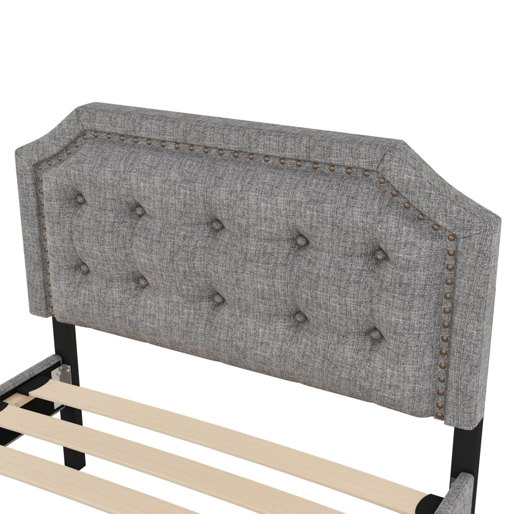 Letto imbottito 90x200 cm in tessuto grigio con testiera regolabile e 2 cassetti
