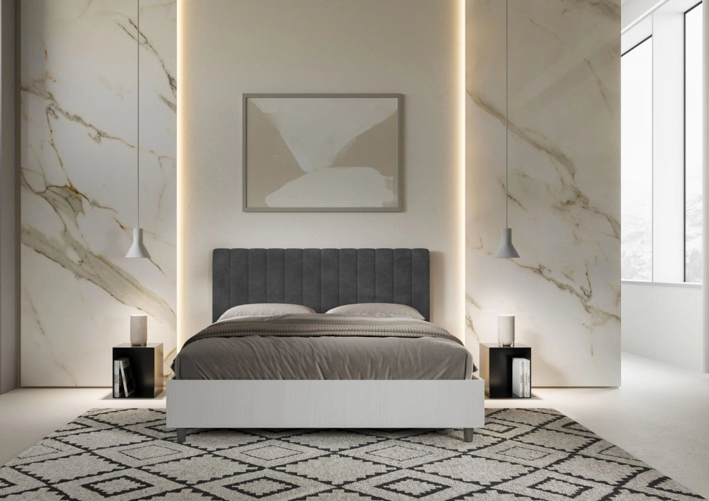 Letto Matrimoniale 160x190 cm con Rete e Contenitore Alzata Comoda Struttura Bianco Frassico e Testata in Microfibra
