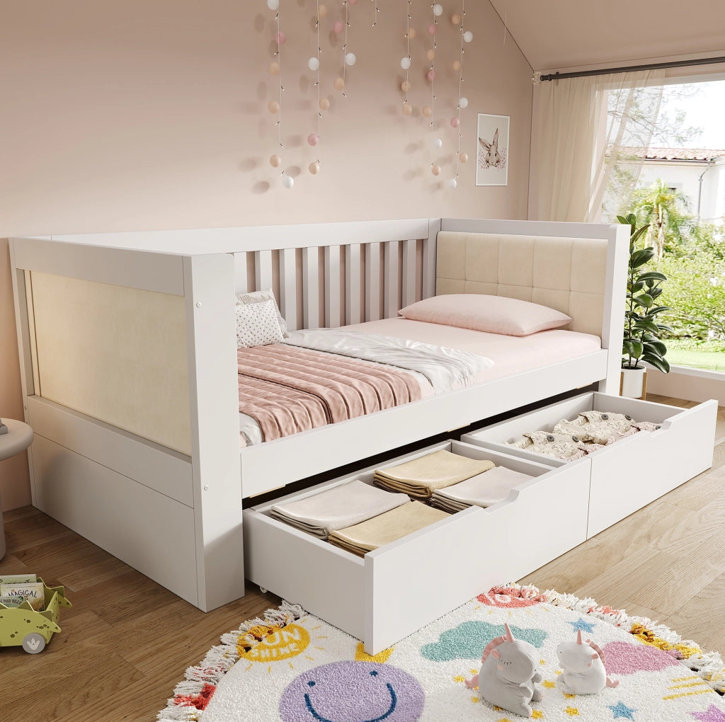 Letto singolo 90x200 cm bianco con 2 cassetti in legno