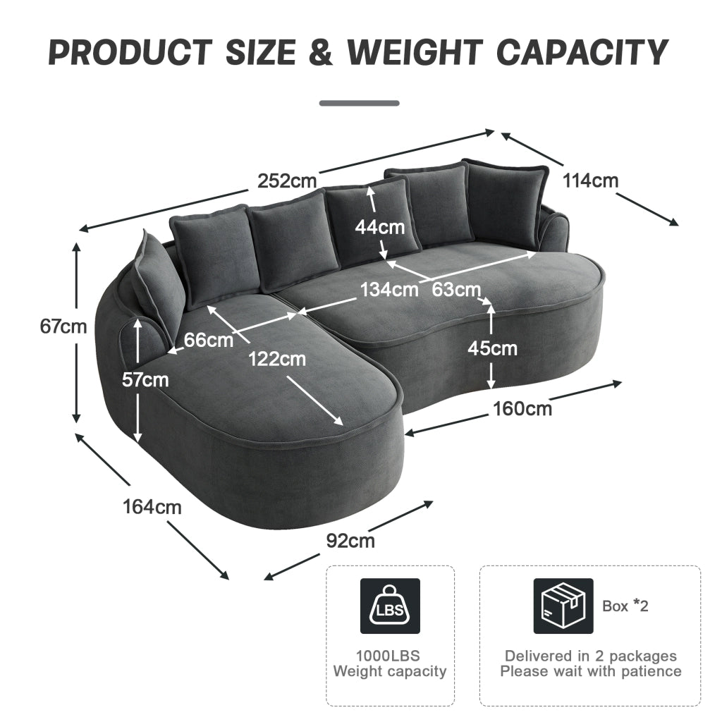 Divano Angolare Modulare con Chaise Longue ¨C MINIMAL ¨C Tessuto Chenille Grigio, Cuscini, Braccioli Larghi