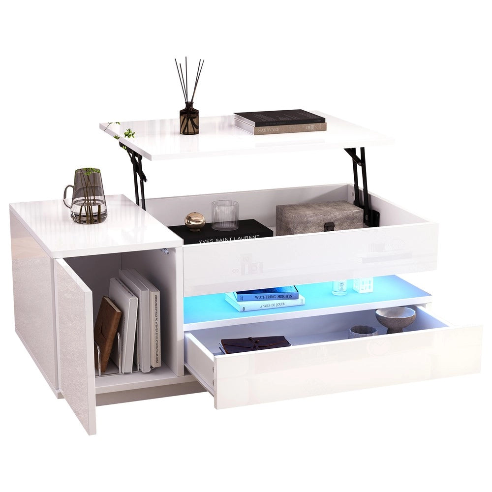 Tavolino da Caff¨¨ con LED e Cassetto ¨C MINIMAL ¨C Bianco Lucido, 95x50x34.5