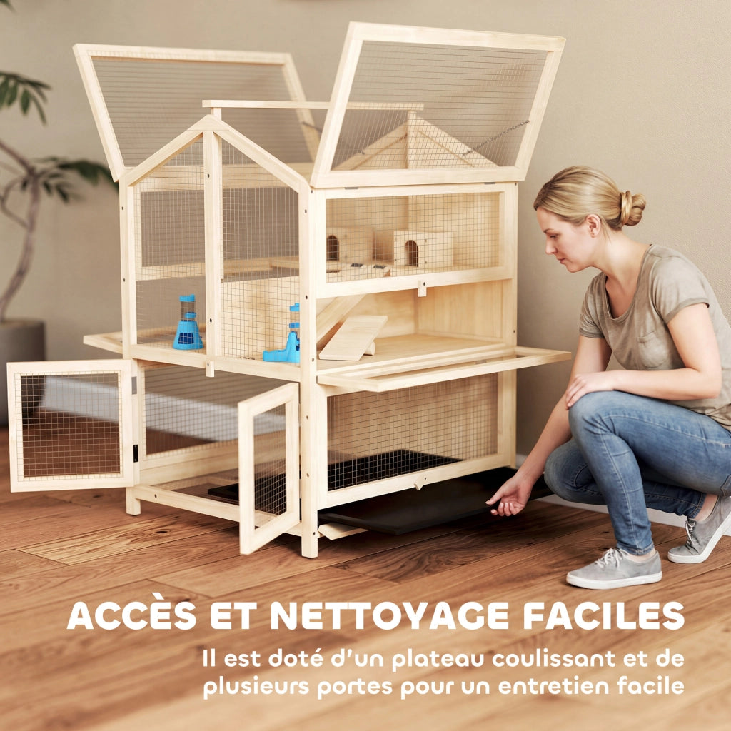 Cage per Criceti 3 Piani in Legno con Bacino Amovibile ¨C Zephmum ¨C Naturale 68x61.5x90 cm