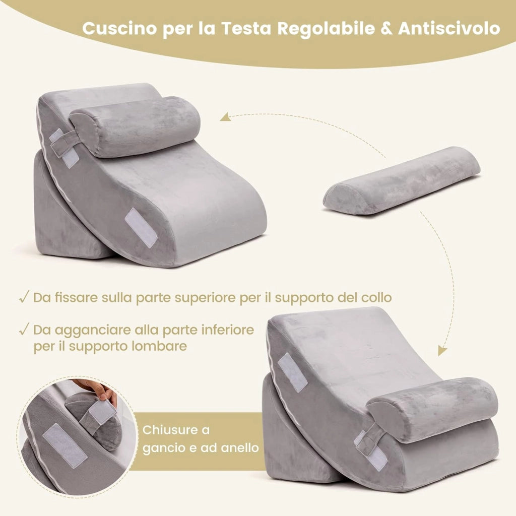 Set di 4/6 Cuscini Regolabili a Cuneo, Cuscino a Cuneo per Letto in Memory Foam, per Alleviare il Dolore alla Schiena Collo e alle Gambe, Poggiatesta Rimovibile, Grigio (4 Pezzi)