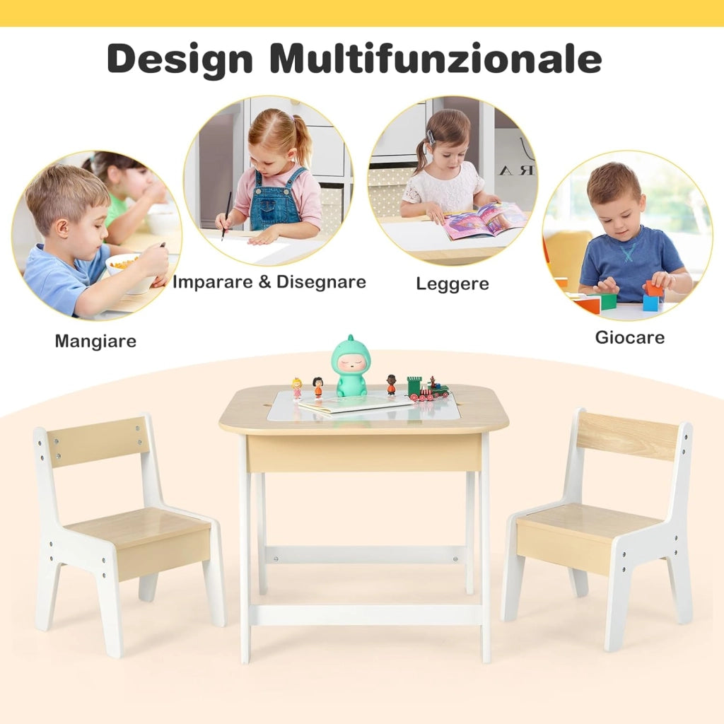 Set Tavolo e 2 Sedie per Bambini, con Lavagna Reversibile, Tavolo Multiattività con Vano Portaoggetti Nascosto e Sedie, per Bambini da 3-6 Anni, per Cameretta e Soggiorno (Naturale)