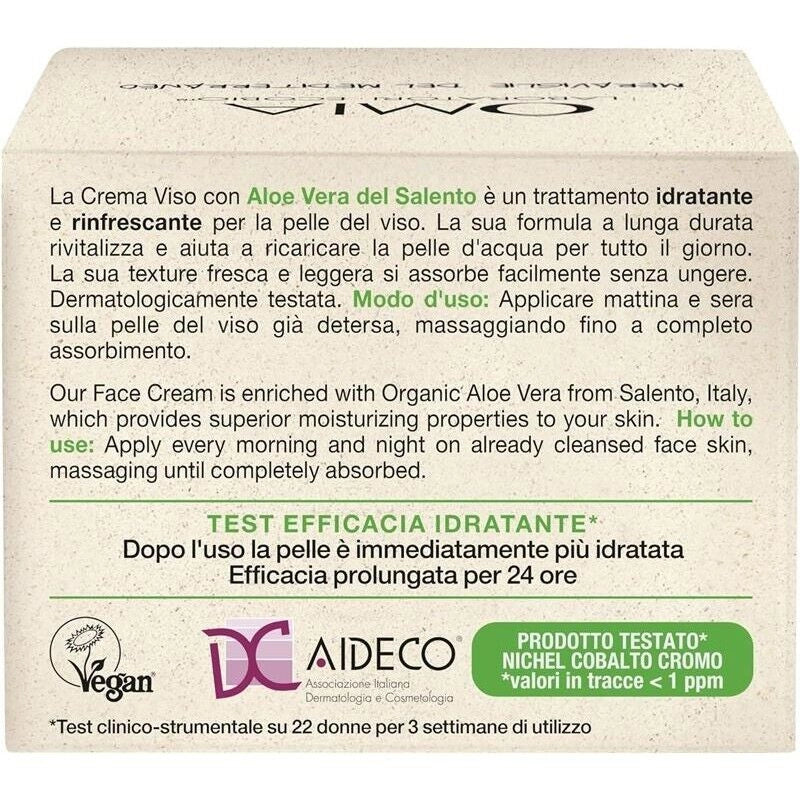 OMIA CREMA VISO IDRATANTE ALL'ALOE VERA DEL SALENTO IDRATA E RINFRESCA LA PELLE DEL VISO NO SILICONI NO COLORANTI 50 ML