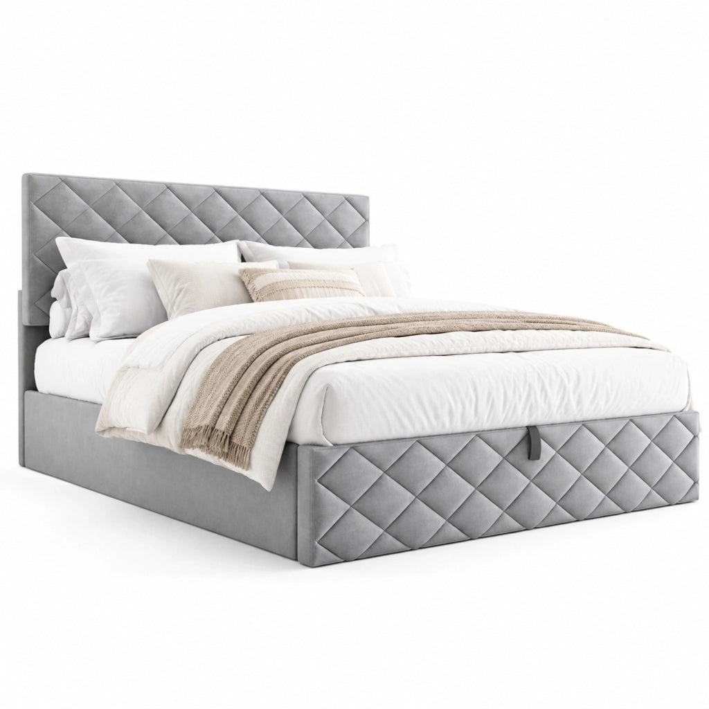 Letto imbottito 140x200 cm con rete a doghe, sollevamento idraulico e vano contenitore, grigio