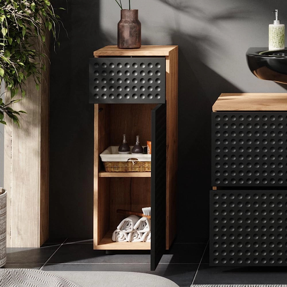 Mobile midi Irma, Antracite puntinato, 30 x 81 cm con 1 cassetto, 2 scomparti, bagno, per la conservazione in bagno, abbinabile alla serie Irma