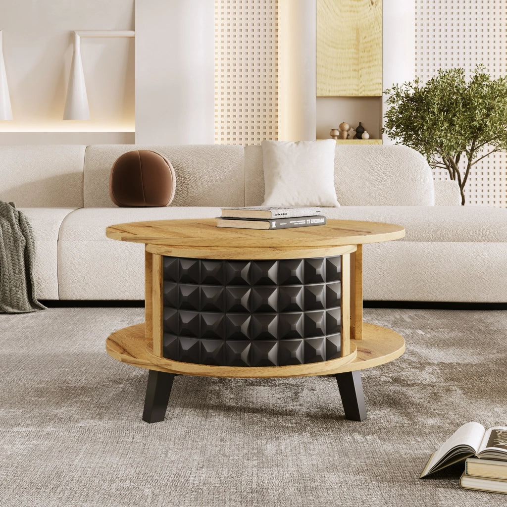 Tavolino da Salotto Girevole con Piano a 2 Livelli e Vano Nascosto 360°; Stile Moderno; in Pannello Truciolare; Naturale