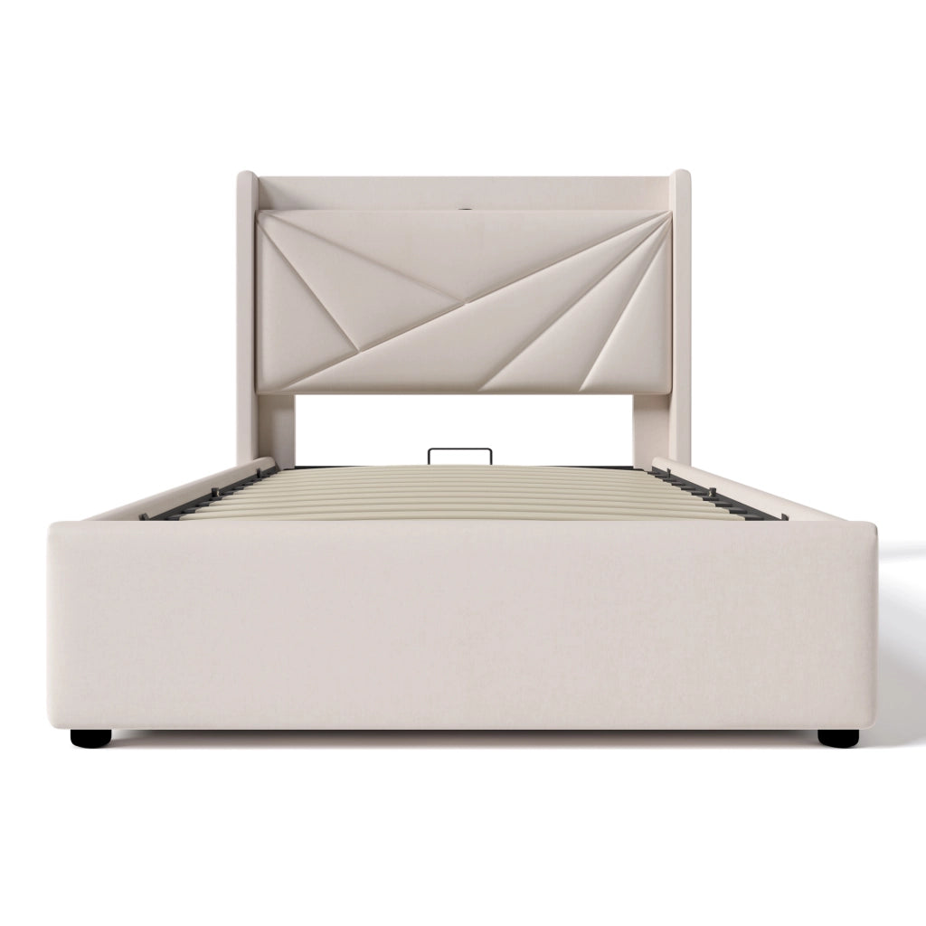 OKWISH Letto Contenitore 90×200 cm, Letto Singolo con USB, Tipo C e Testiera, senza Materasso, in Lino Cotone, Beige