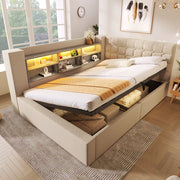Letto imbottito idraulico con illuminazione a LED 140x200 cm colore beige lino
