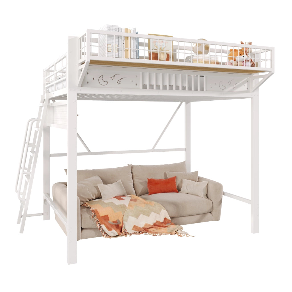 Letto a soppalco per bambini 140x200 cm; in metallo con vani portaoggetti integrati e spazio inferiore aperto; bianco