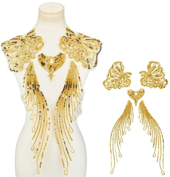 Accessori per abbellire con pailletten d'oro - ali di fenice - collo - fiori - ornamenti perfetti per la sposa