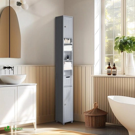 Cassettone per bagno alto - Cassettone spaziale a svaso - Cassetto alto con porte e cassetto - Grigio - 20x20x180 cm cassettone per bagno alto