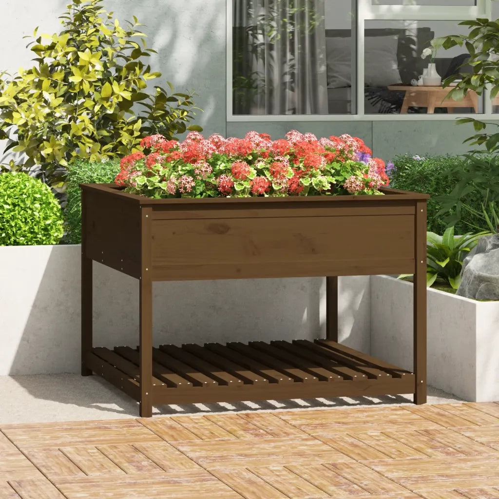 Fioriera con Mensola-Vaso con Ripiano-Contenitore per Piante Ambra 111,5x111,5x81cm Legno Massello Pino