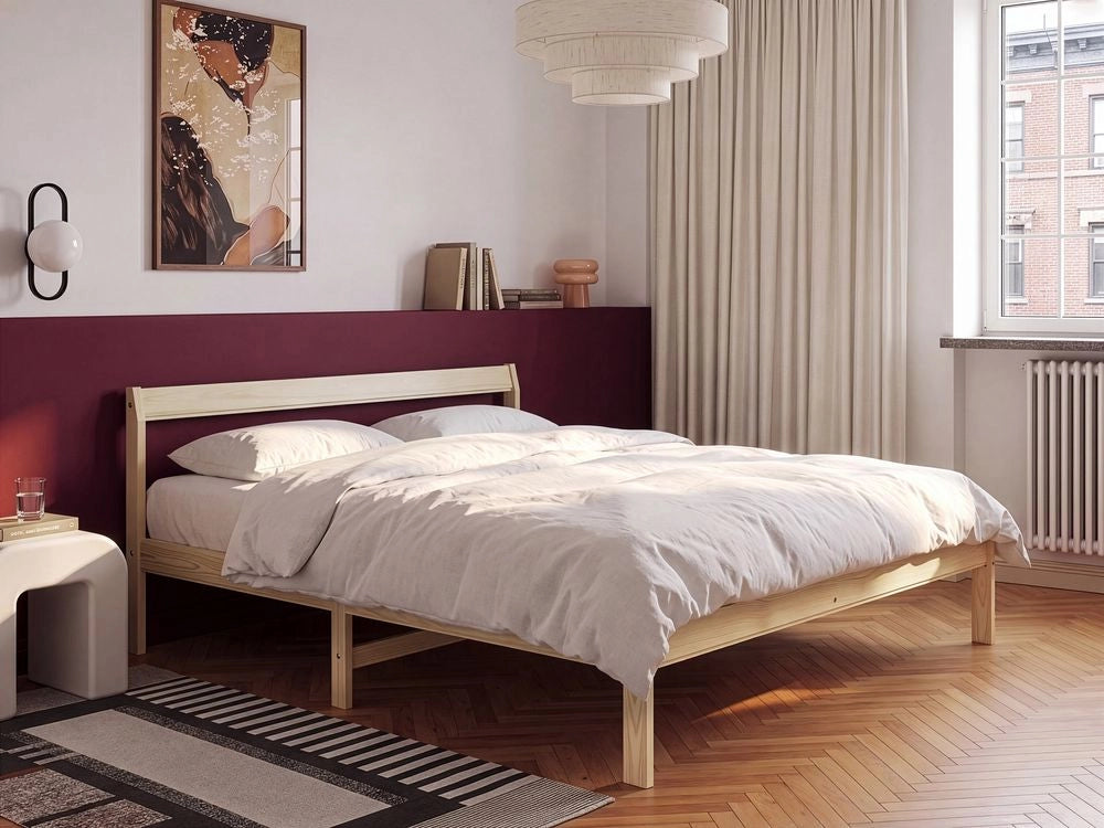 Letto matrimoniale in legno di Pino marrone chiaro con Rete a Doghe 160 x 200 cm stile minimalista