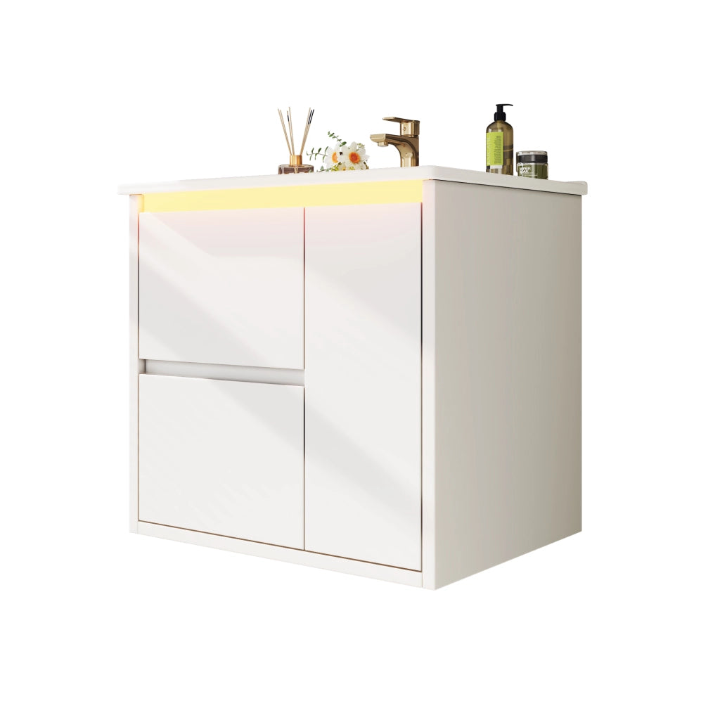 Mobile lavabo sospeso 61¡Á46,5¡Á57 cm in MDF/ceramica bianca, lavabo integrato, 2 cassetti, anta soft-close e LED con sensore.