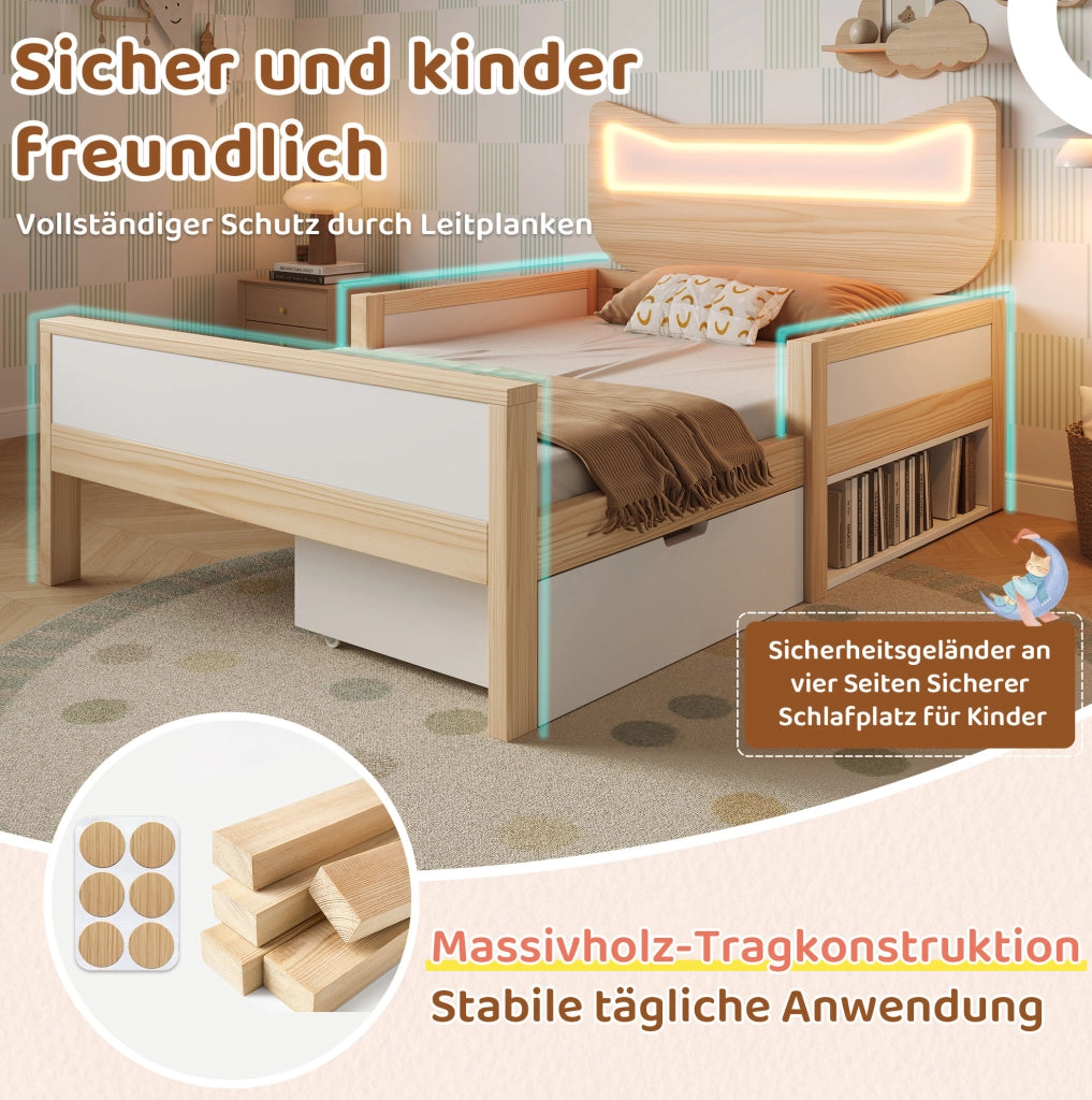 Letto per bambini 90x200 cm con LED RGB, cassetto e vani