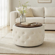 POUF Set da 2 pezzi in velluto beige 58x58x38 cm con vassoio in legno