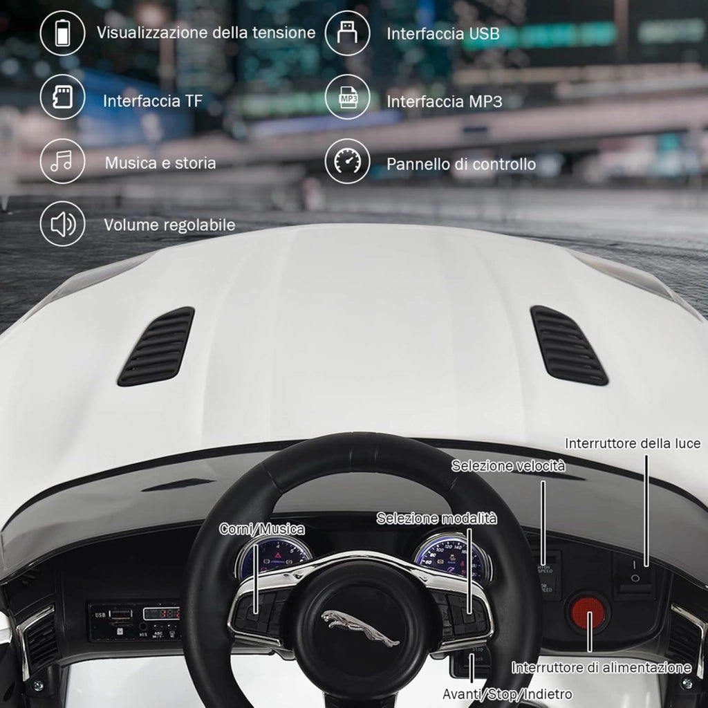 Jaguar Auto Elettrico 12 V per Bambini, Macchina Elettrica con Telecomando, con Luci Musica Storia, Avvio Lento, Velocità 3-5 km/h (Bianco)