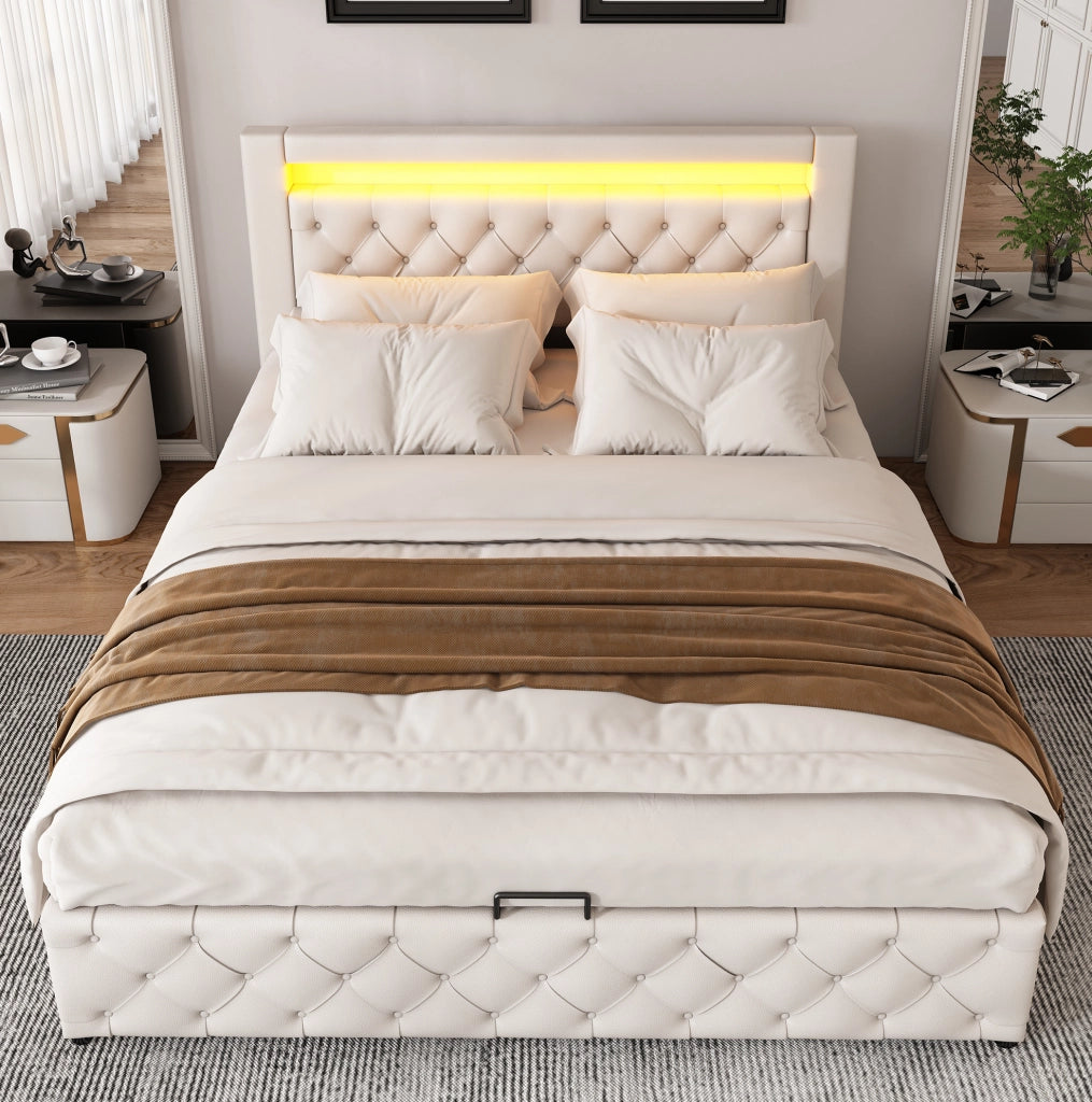 Letto matrimoniale imbottito 140x200 cm con rete a doghe; contenitore e LED; bianco in PU