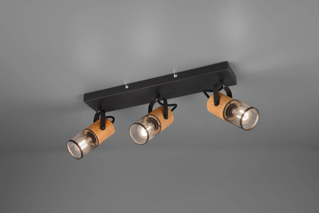 TOSH BARRA 3 SPOTS CILINDRI GABBIA METALLO NERO OPACO E LEGNO L. 44CM ATTACCO E14