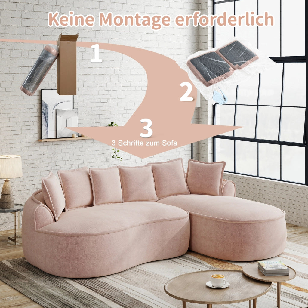 Divano modulare a L senza struttura in ciniglia con chaise longue profonda braccioli larghi e cuscini rosa