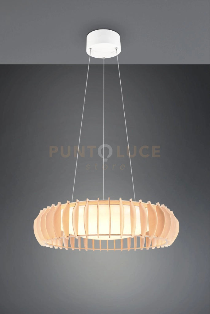 MONTE SOSPENSIONE LED 40W 4700lm, 3000 - 6500K DIFFUSORE BIANCO E LEGNO NATURALE CON TELECOMANDO MULTIFUNZIONE D. 60CM DIMMERABILE
