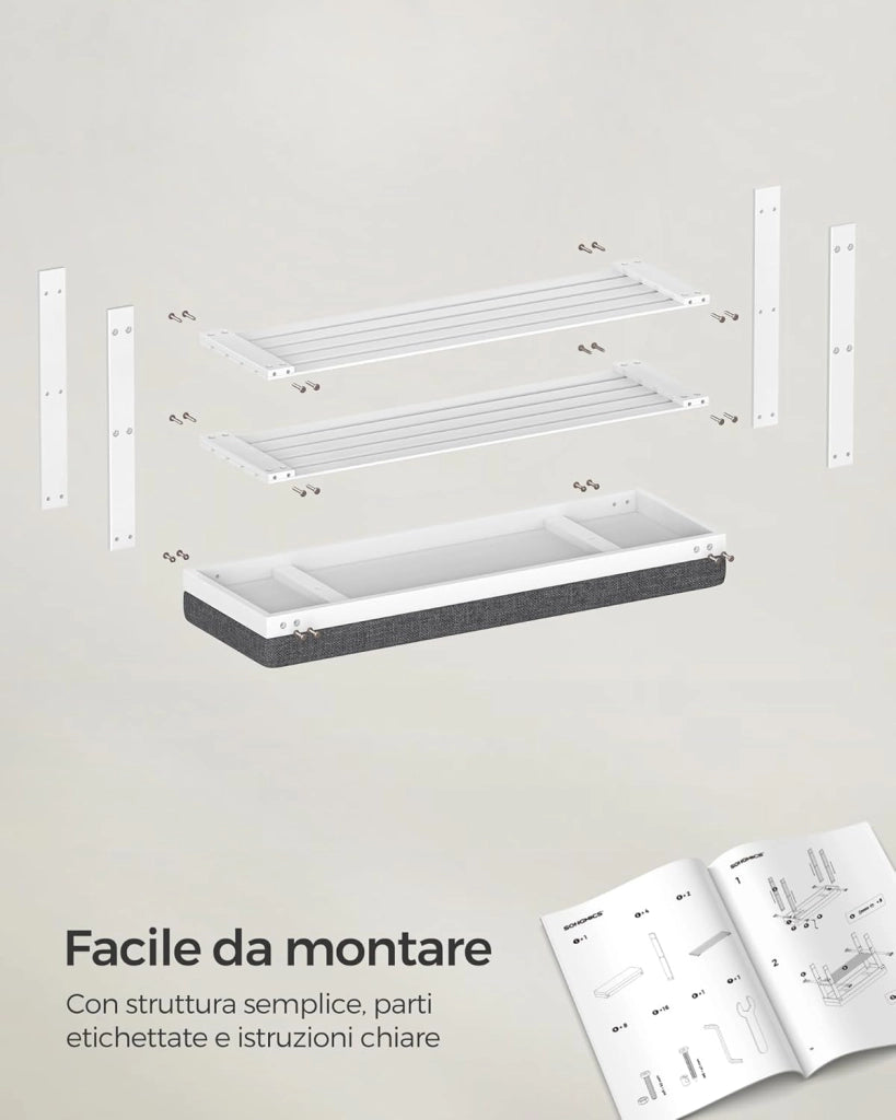 SONGMICS Panca Scarpiera in Bambù, Portascarpe a 2 Ripiani, Organizzatore per Scarpe Stabile per Corridoio, Soggiorno, Seduta Regge Fino a 136 kg, 29 x 90 x 49 cm, Bianco e Grigio LBS904W01