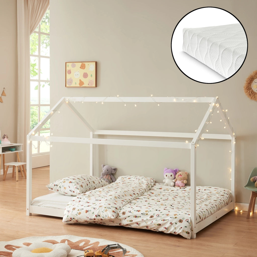 Letto per Cameretta 'Cerro' a Forma di Casetta con Materasso 140 x 200 cm Legno di Pino Bianco [en.casa]