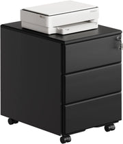 Cassettiera da Ufficio Scrivania Studio con Rotelle Mobiletto con 3 Cassetti e Serratura per Documenti Cartelle Sospese Cancelleria, Pre-Assemblato, metallo Nero SK024sz