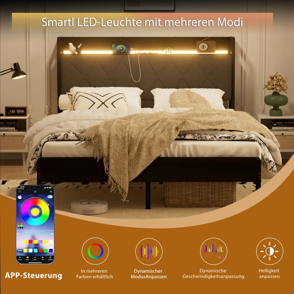 LETTO Imbottito 140x190 cm Nero Grigio con testiera LED e USB