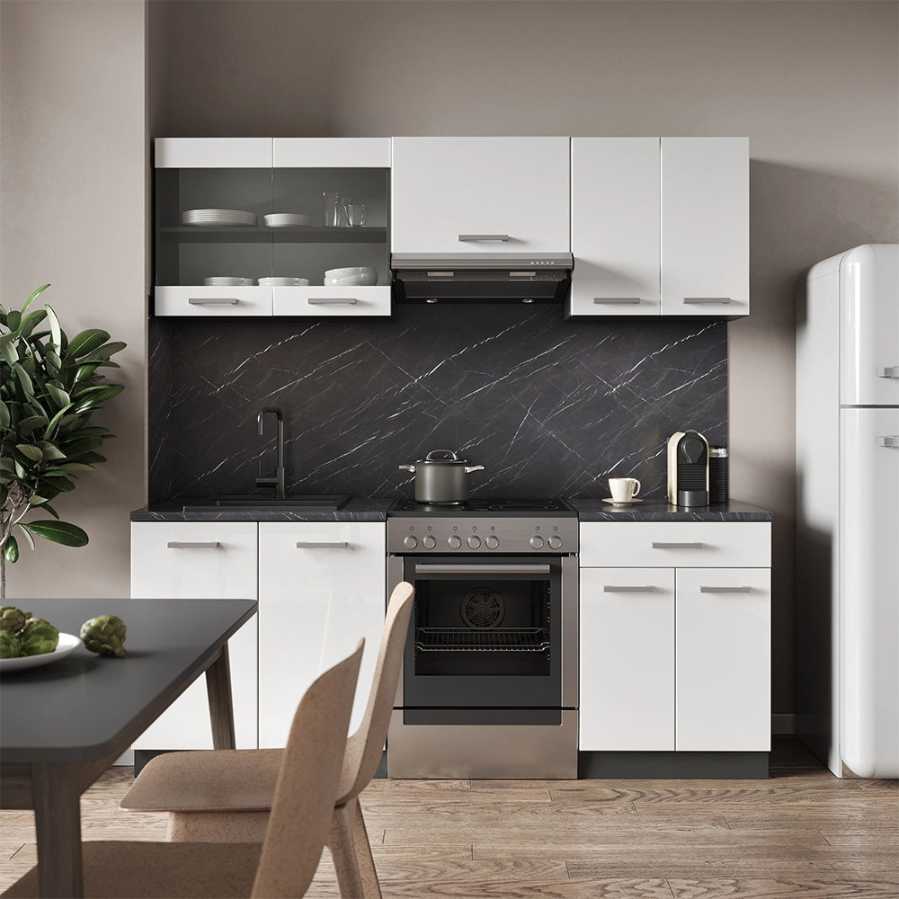 Vicco Cucina componibile Bianco lucido/antracite 200 cm , PL Marmo