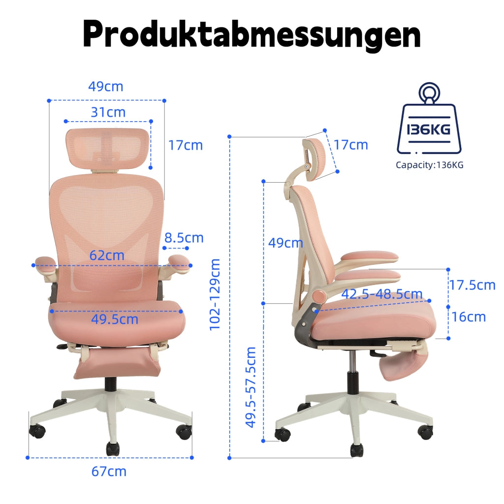 Sedia da ufficio ergonomica pieghevole con poggiatesta 3D e supporto lombare in mesh rosa 65 × 61 × 40.5 cm
