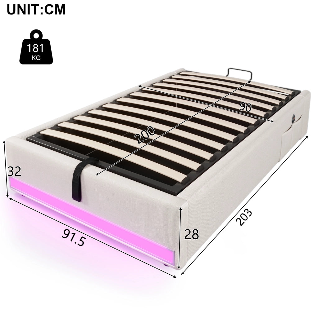Letto imbottito 90x200 cm in lino con LED; porte USB e Type-C; contenitore idraulico; beige
