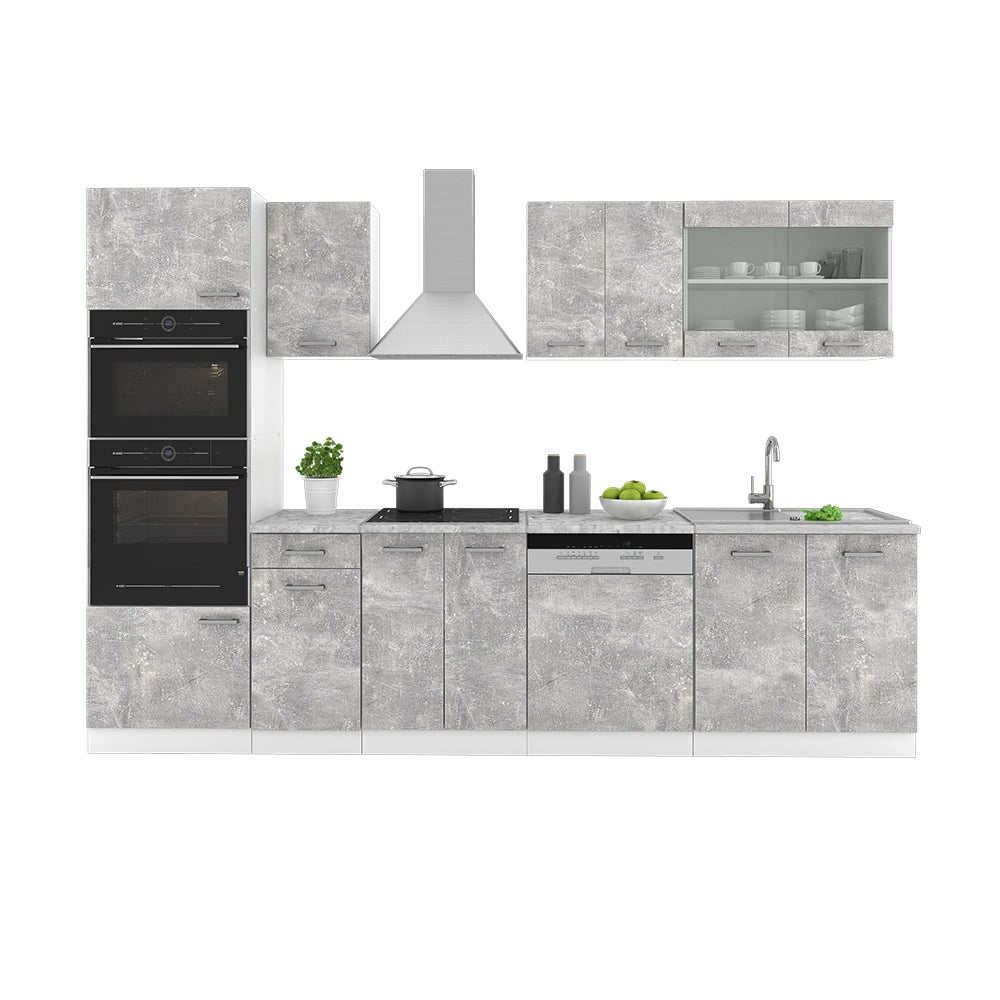 Vicco Cucina componibile Cemento/Bianco 300 cm con armadio alto, PL Rovere