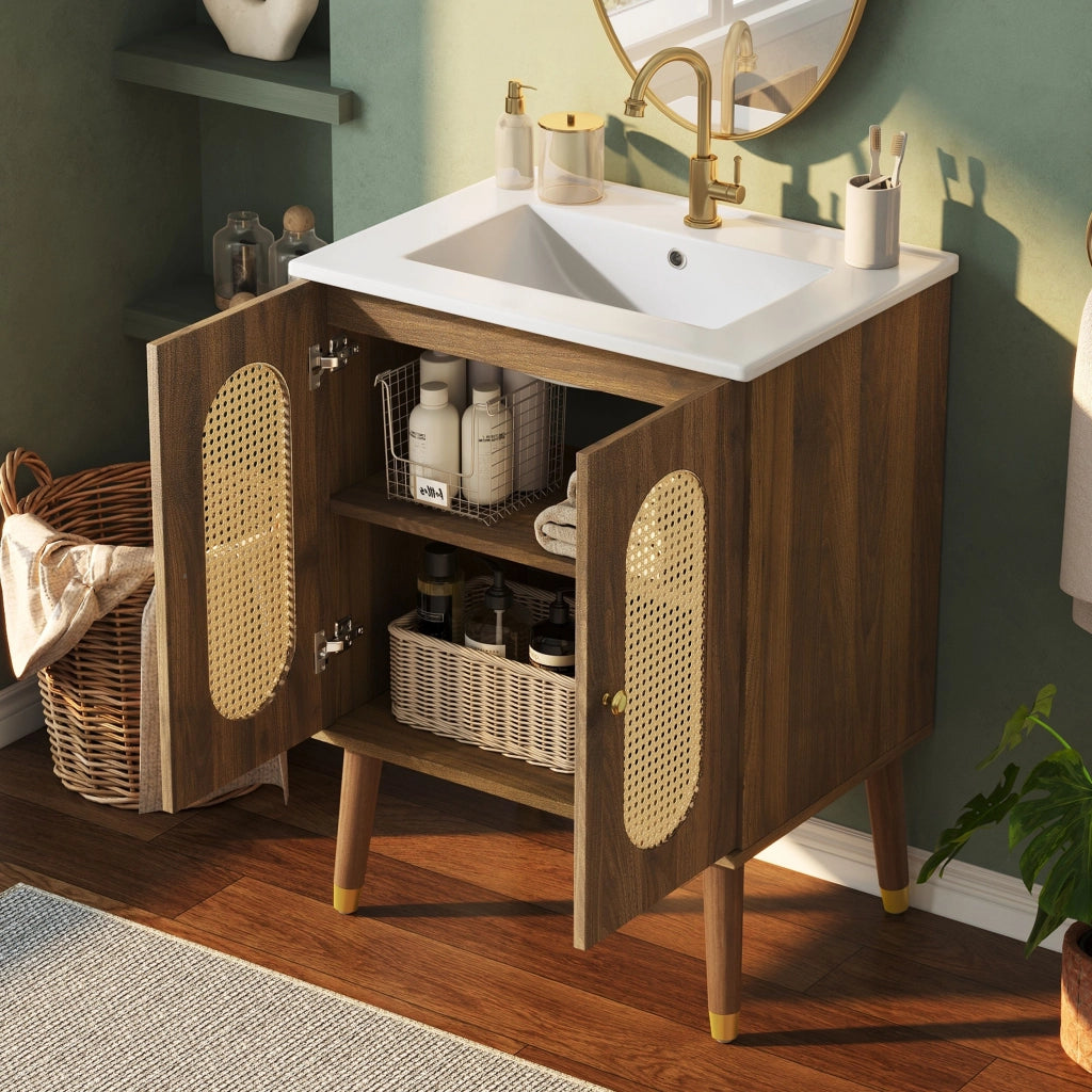 Mobile da bagno con lavabo in ceramica, ante in vimini traspiranti, spazio contenitivo, senza rubinetto, color noce