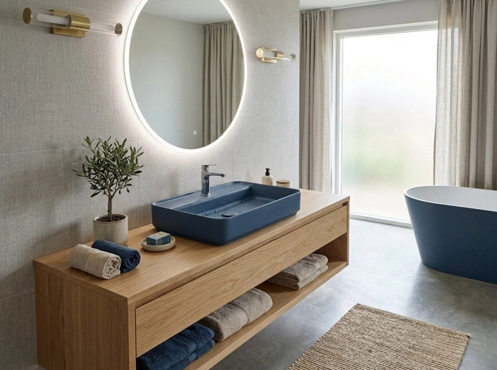 Lavabo rettangolare da appoggio senza troppo pieno in ceramica con foro rubinetto - Blu Opaco