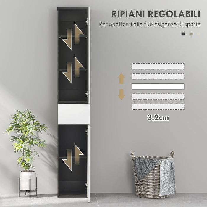 Mobile a Colonna da Bagno Salvaspazio con 2 Armadietti e Cassetto 30x28x180 cm Nero e Bianco