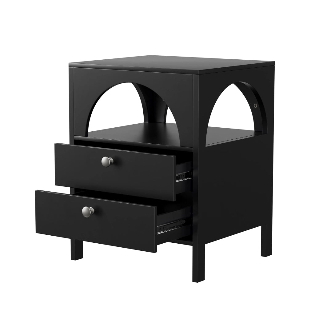 Comodino moderno multifunzione con 2 cassetti e 1 vano aperto, in MDF, per camera da letto, nero, 45 × 40 × 58 cm
