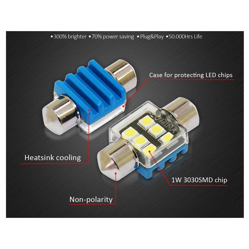 4 Lampade LED T11 Canbus 31mm 12V 2W con 6 SMD 3030 Bianco 6000K No Polarità