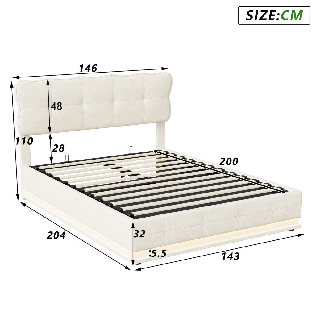 Letto matrimoniale 140x200 cm con contenitore,testiera regolabile e illuminazione LED struttura letto matrimoniale in metallo legno e velluto - beige