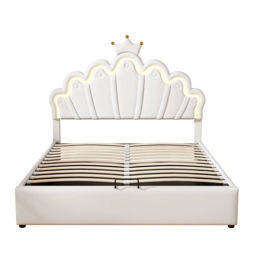 Letto imbottito 140x200 cm con LED e contenitore; PU; bianco