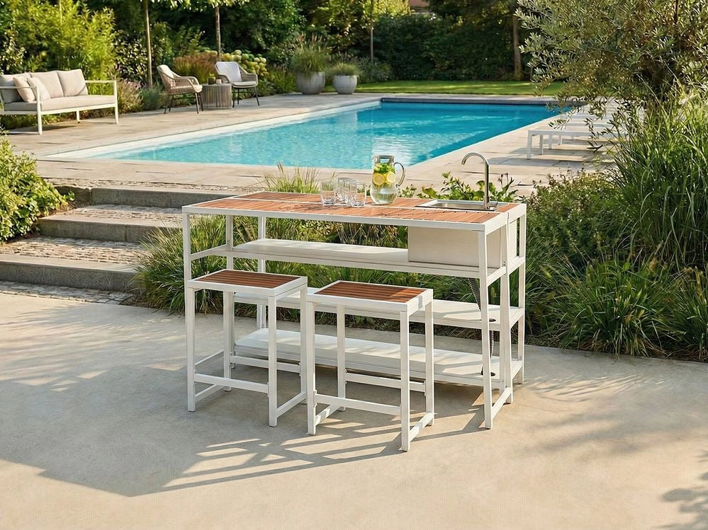 Isola da giardino per esterni con lavello con bocca a leva singola acciaio bianco 159 x 50 x 91 cm con ripiani esterno
