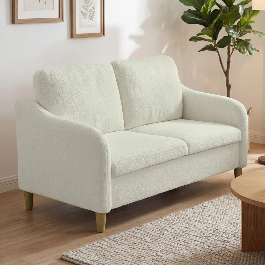 Divano 2 Posti Moderno con Cuscini Spessi e Rivestimento Sherpa, 137x69x82 cm, Crema