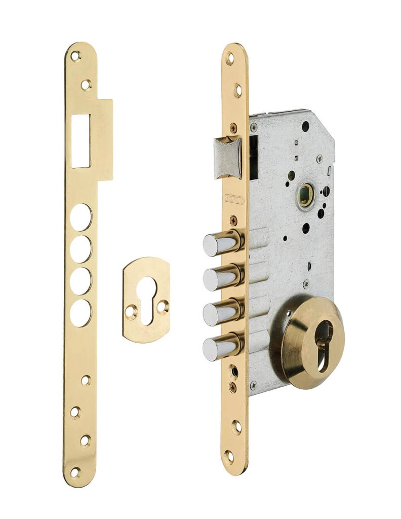 Serratura da incasso per cilindro europeo, asse 50 mm, con borchia, finitura oro – THIRARD