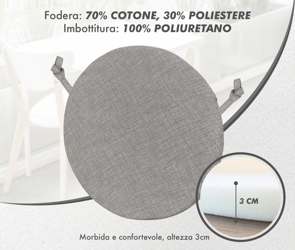 Cuscini Rotondi Per Sedie Cucina Imbottiti Sfoderabili Con Cerniera Cuscino Rotondo Ø 40 Cm Sedia Tavolo Lavabile In Lavatrice Con Lacci Per Fissaggio Prodotto Italiano Comodi 4 Pezzi - Grigio