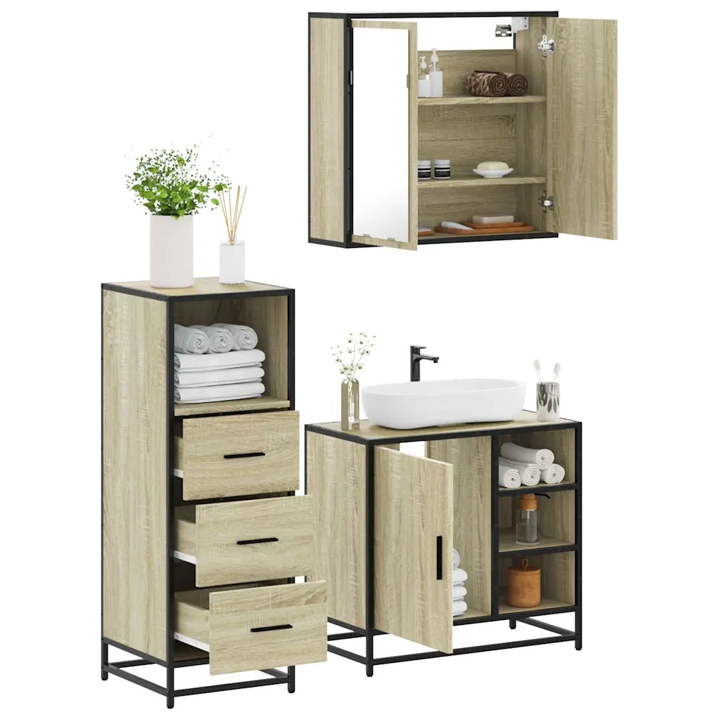 Set Mobili da Bagno 3 pz Rovere Sonoma in Legno Multistrato